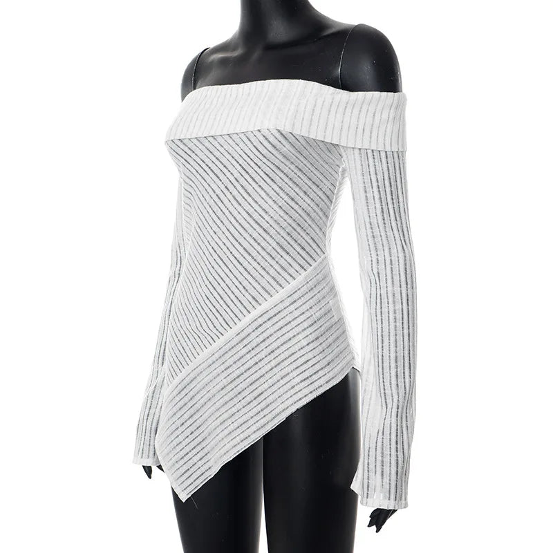 Pre Order:  White Knitted Off-Shoulder Stripe Long Sleeves Top