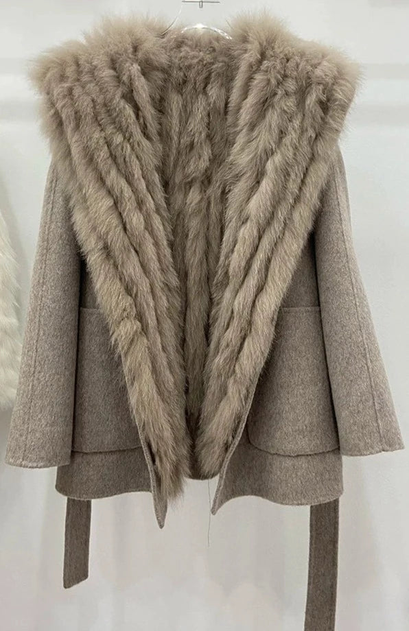Hooded Fur Wool Belted Coat