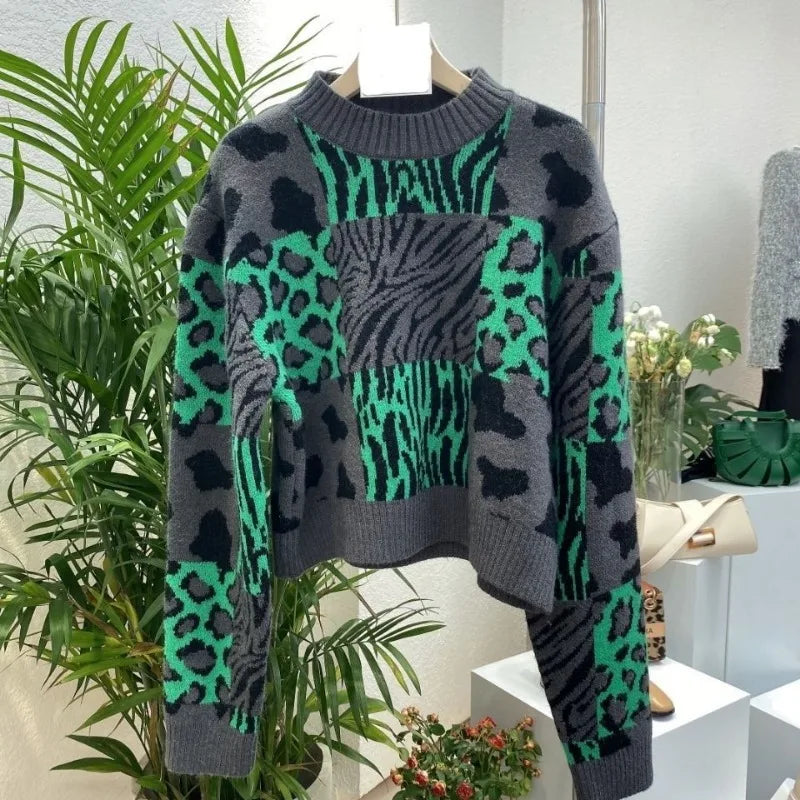 Pre Order:  Crew Neck Knitted Animal Printed Sweater