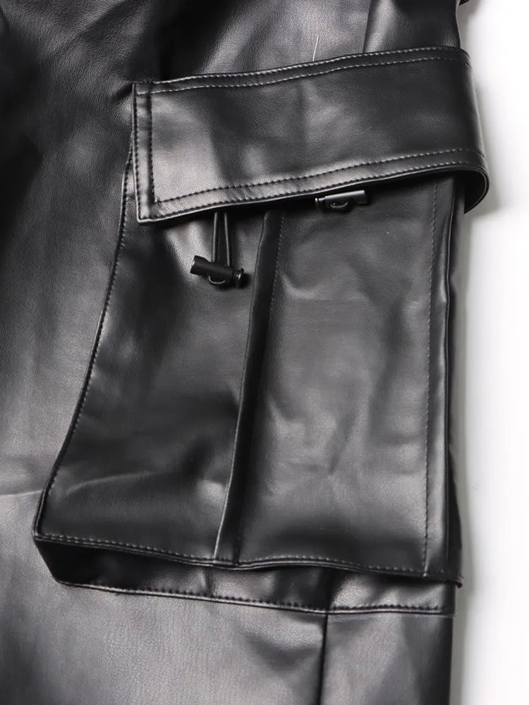 Pre Order:  Patch-Pockets Vegan Leather Cargo Pants