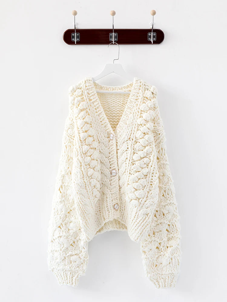 Pre Order:  White Knitted Hollow-Out V-Neck Cardigan Sweater