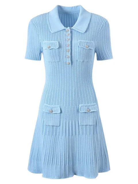 Pre Order:  Knitted Diamond Button Short Sleeved Dress