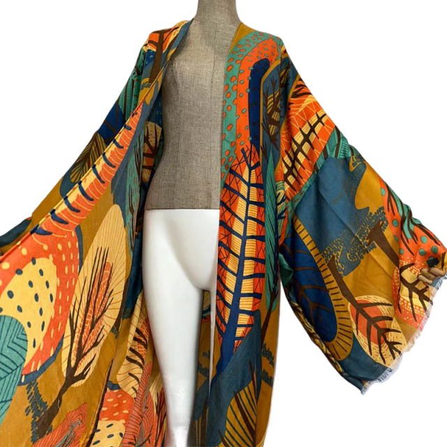 Pre Order: Vibrant Leaf Print Kimono Cardigan - WINI