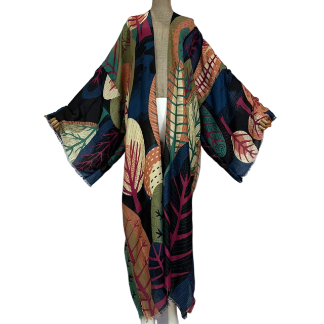 Pre Order: Vibrant Leaf Print Kimono Cardigan - WINI