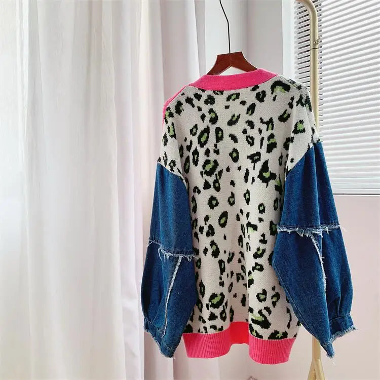 Pre Order:  Knitted Leopard Patchwork V-Neck Cardigans Jacket