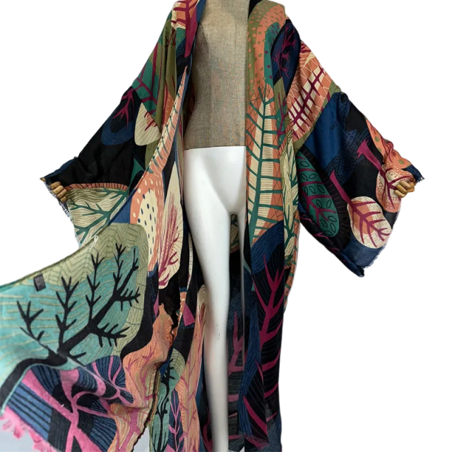 Pre Order: Vibrant Leaf Print Kimono Cardigan - WINI