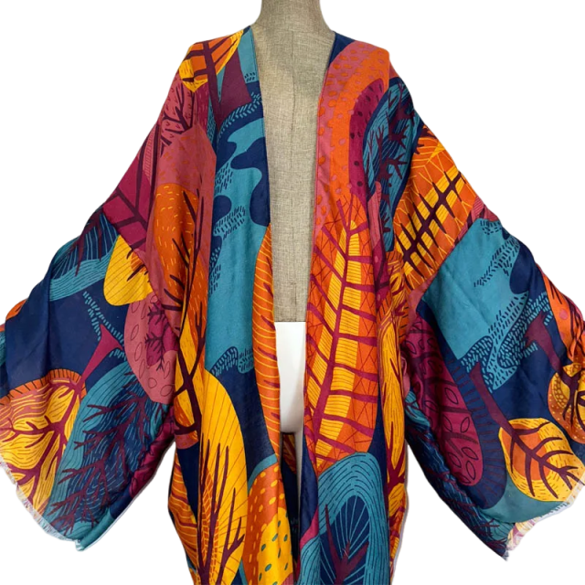 Pre Order: Vibrant Leaf Print Kimono Cardigan - WINI