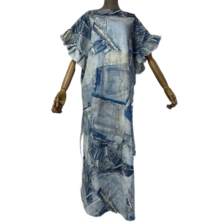 Pre Order:  Denim Patchwork Print Kaftan Dress - WINI