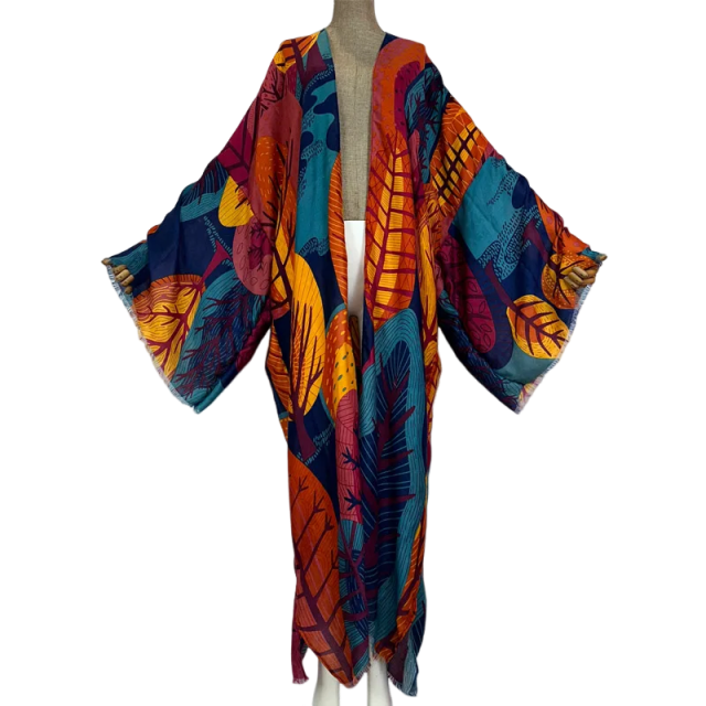 Pre Order: Vibrant Leaf Print Kimono Cardigan - WINI