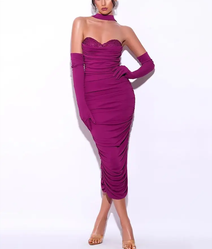 Pre Order:  Solid Pleated Mesh Bandage Dress with Gloves