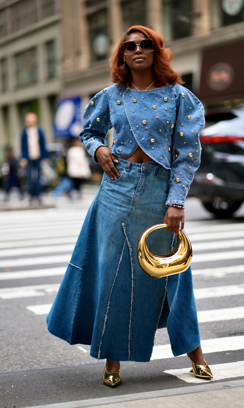 Pre Order:  Denim Patchwork Midi Jeans Skirt