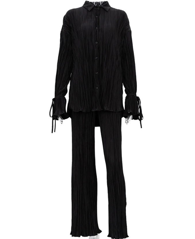 Pre Order:  Solid Color Pleated Long Sleeved Cardigan Shirt + Pants Set