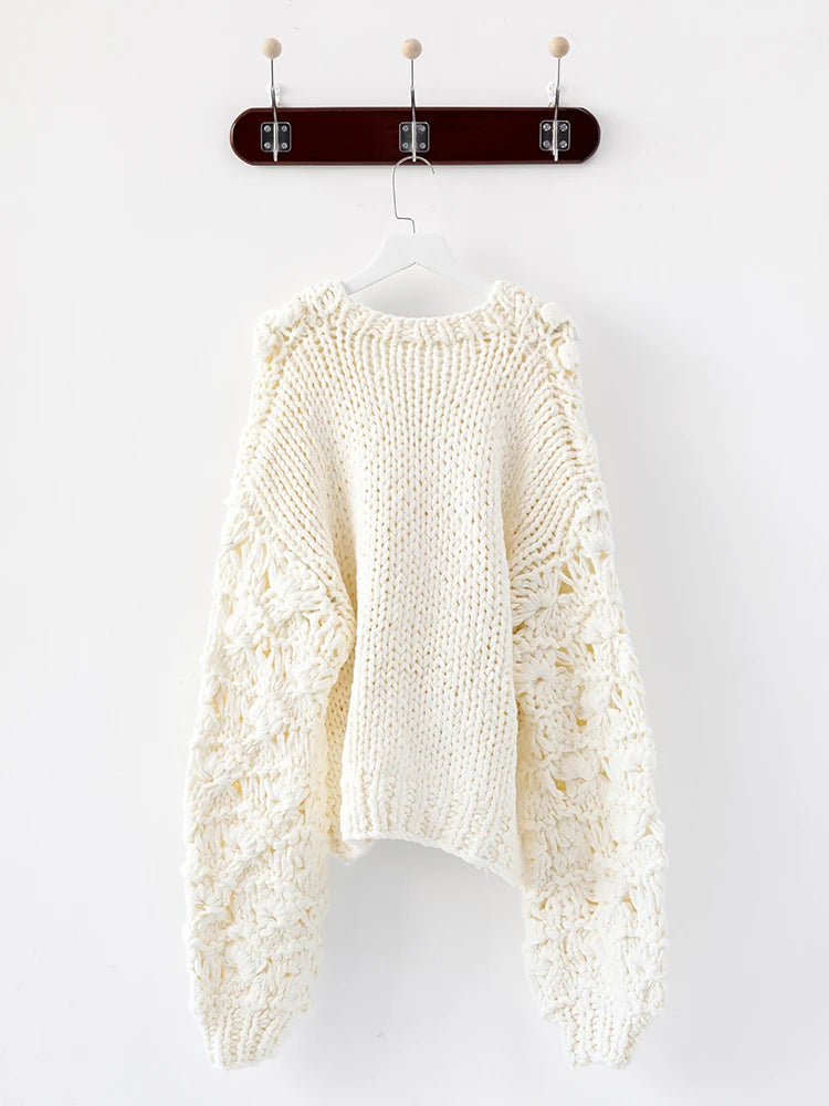 White Knitted Hollow-Out V-Neck Cardigan Sweater