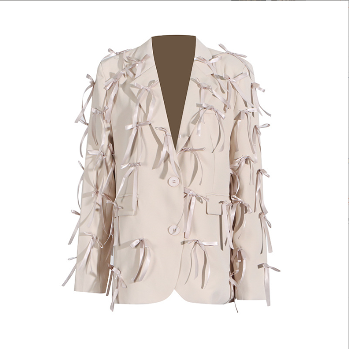 Pre Order:  Spliced V-Neck 3D Bow Long Sleeved Blazer Jacket