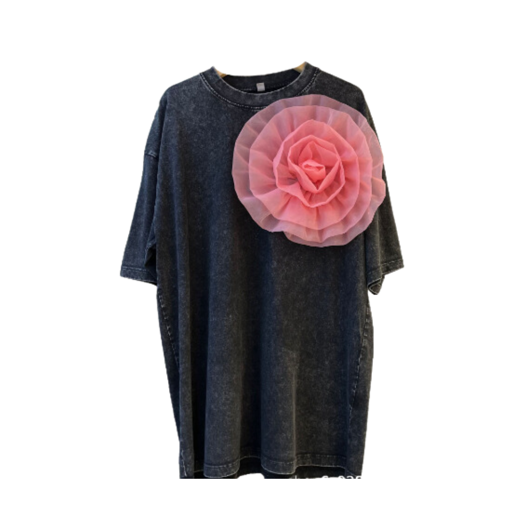 Solid Round Neck Patchwork Mesh 3D Flower Loose T-Shirt