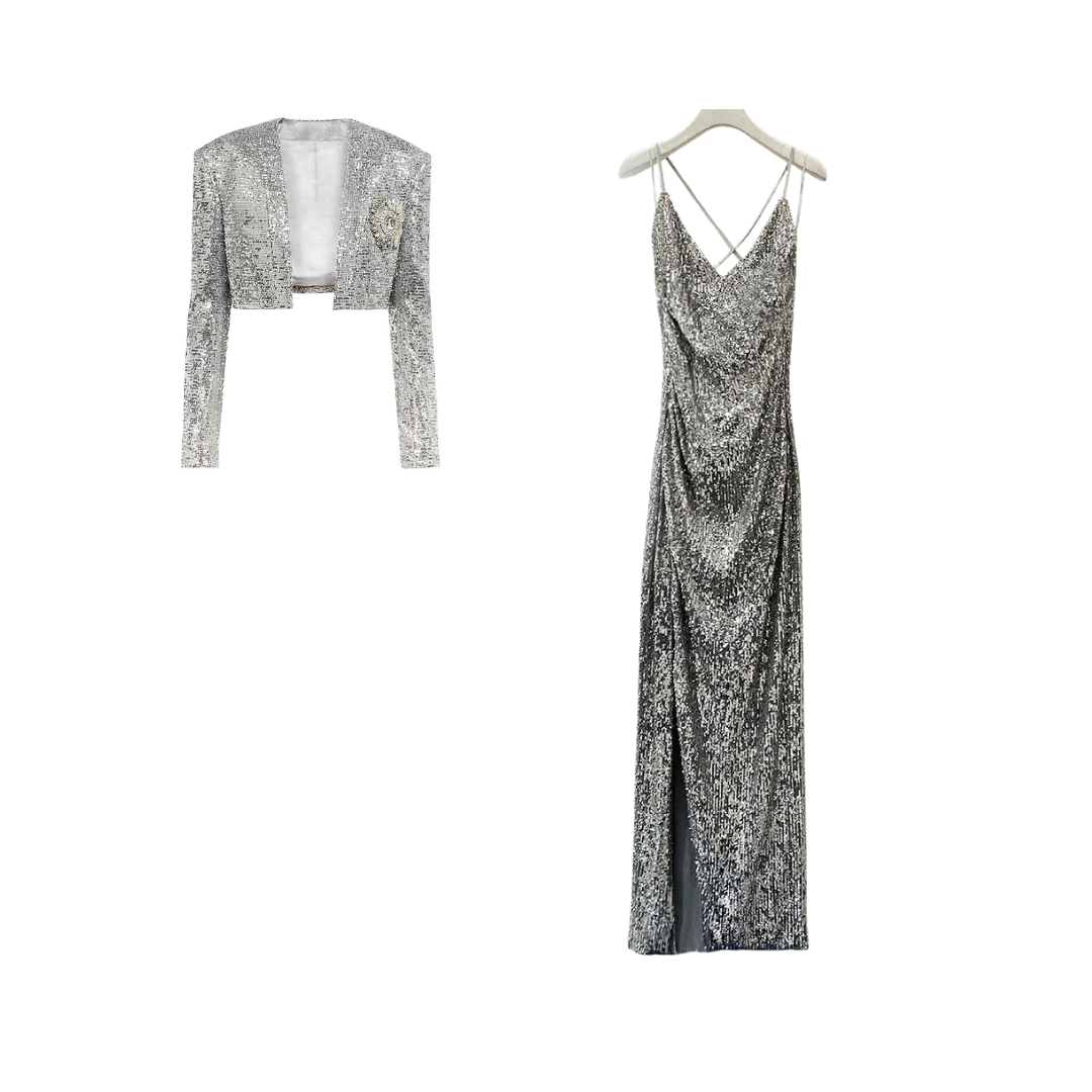 Pre Order:  Classic Sequined Cropped Jacket + Strappy Maxi Dress