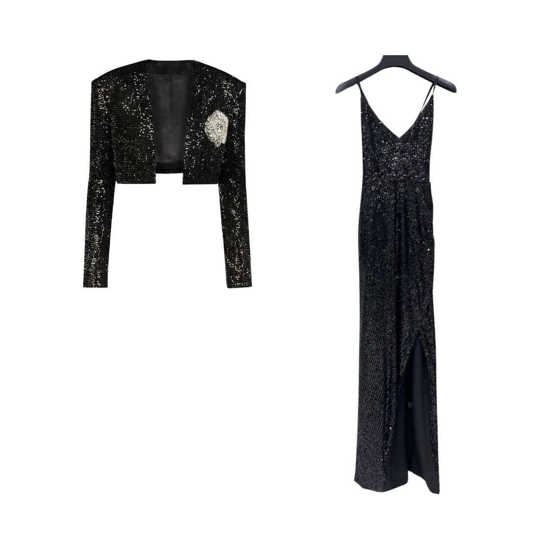 Pre Order:  Classic Sequined Cropped Jacket + Strappy Maxi Dress