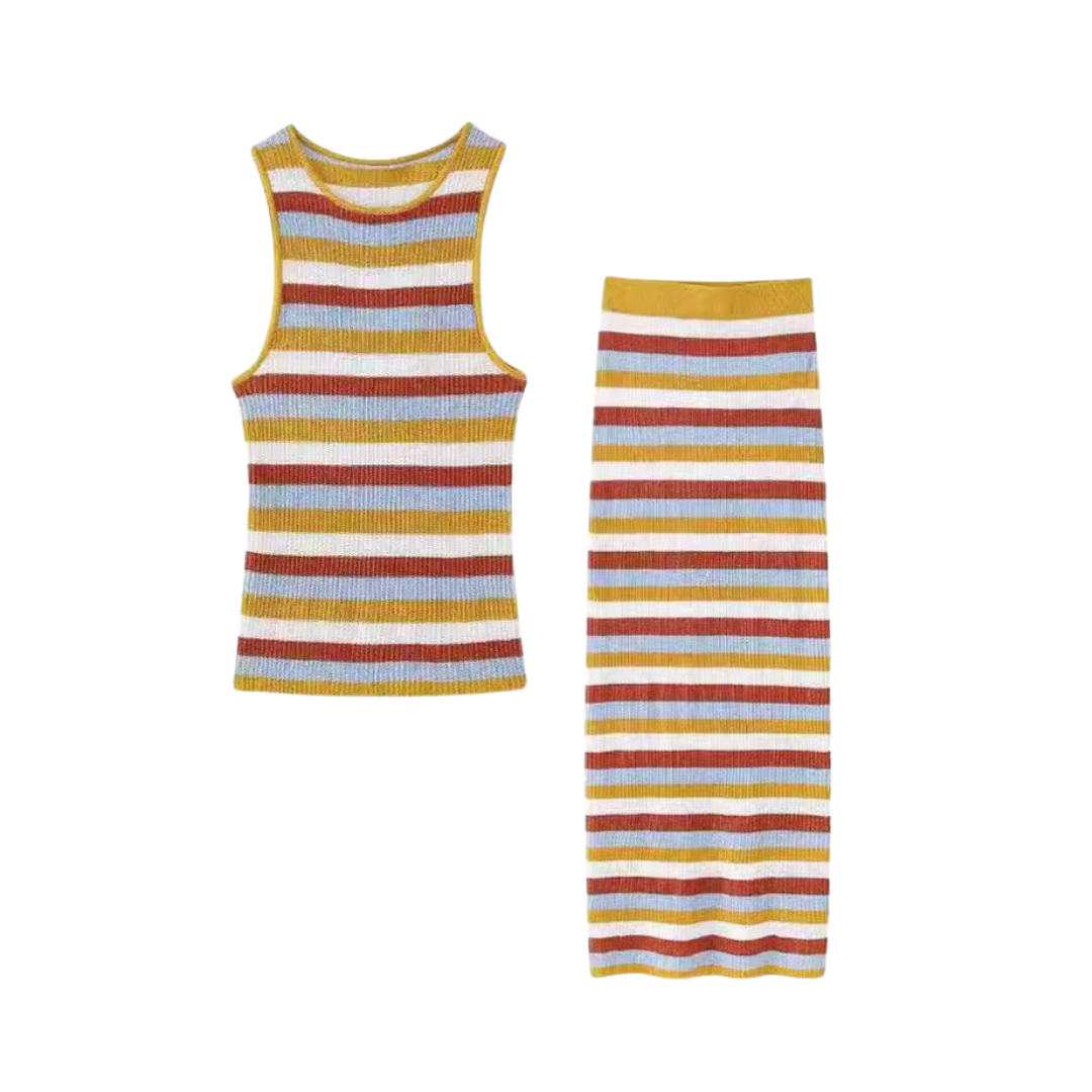 Pre Order:  Sleeveless Striped Knitted Vest + Slim Long Skirt