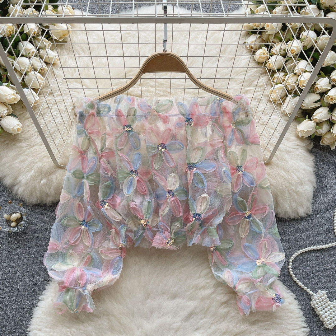 Pre Order:  3D Flower Fairy Off-Shoulder Long-Sleeved Mesh Shirt