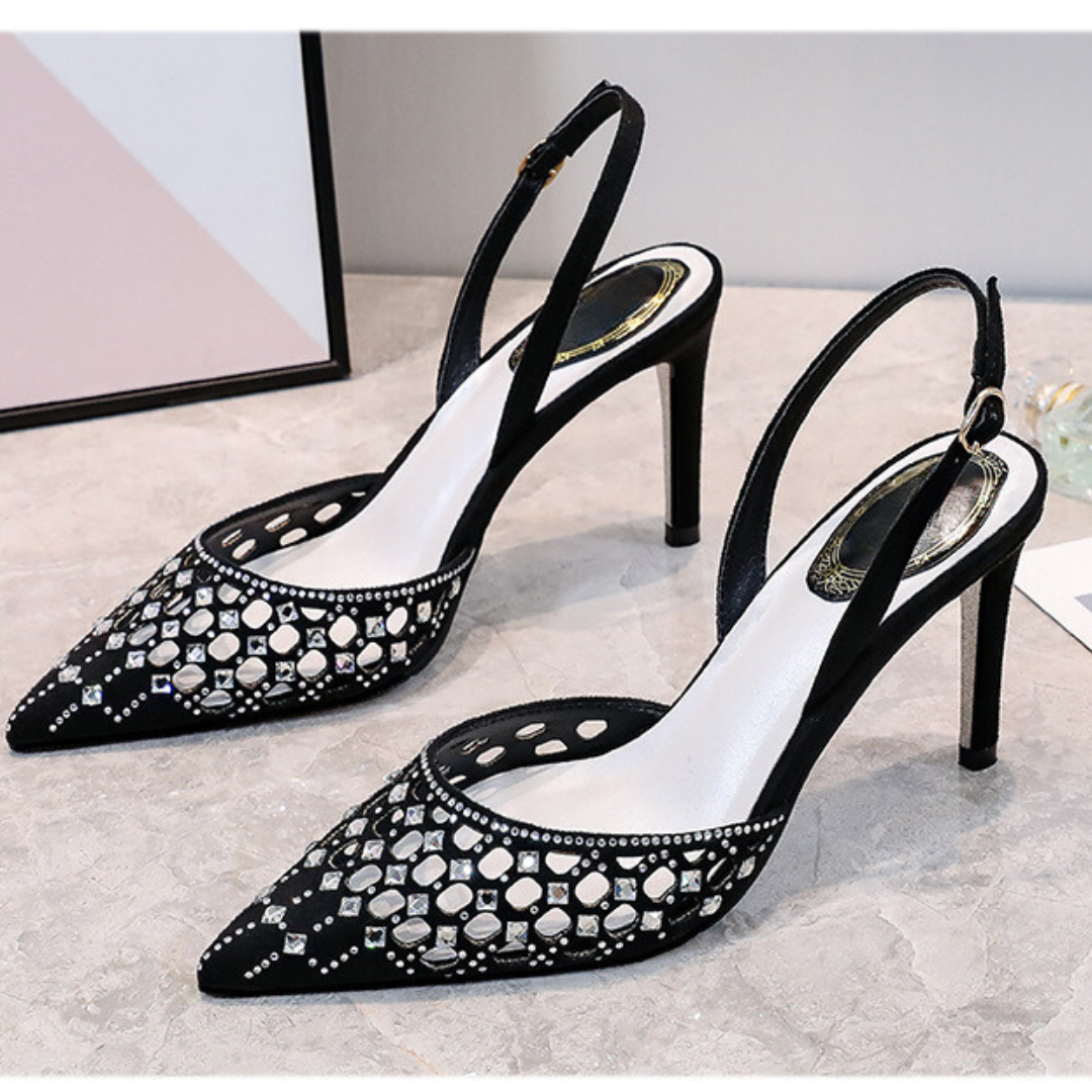 Pre Order:  Hollow Pointed Toe Rhinestone Stiletto Strap Sandals