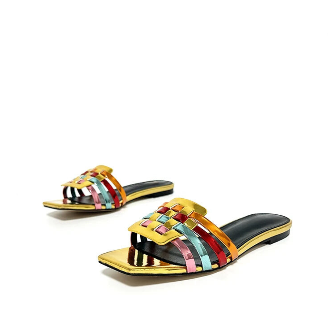 Pre Order:  Colorful Woven Leather Square Toe Slippers