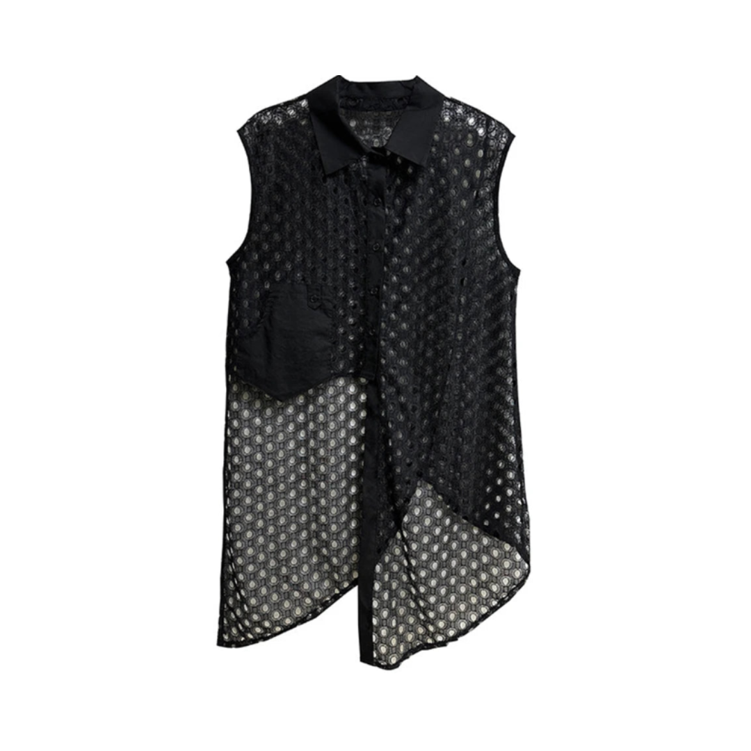 Pre Order:  Mesh Splicing Irregular Perspective Grid Sleeveless Shirt