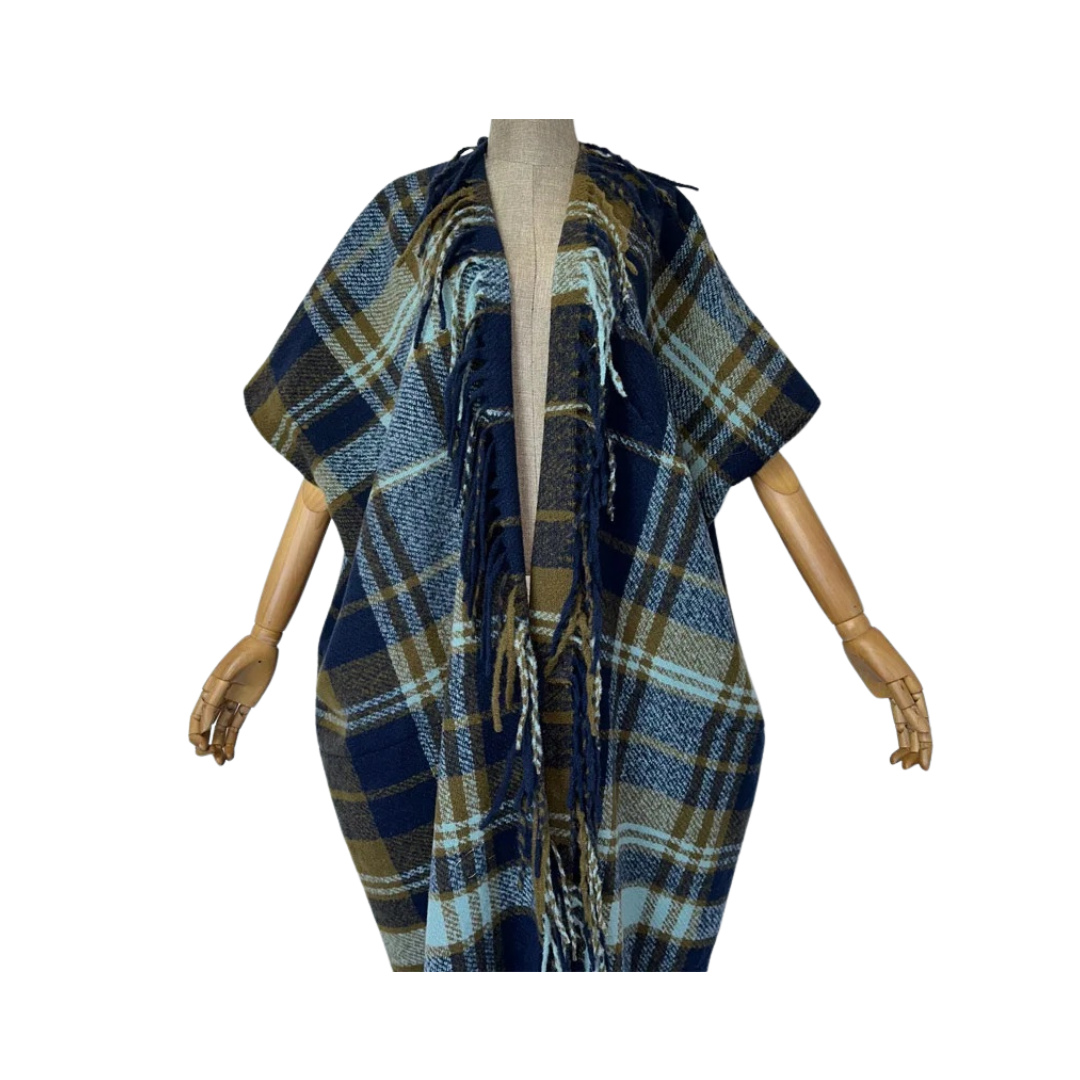 Warm Plaid Corded Tassel Poncho Cardigan  - WINI