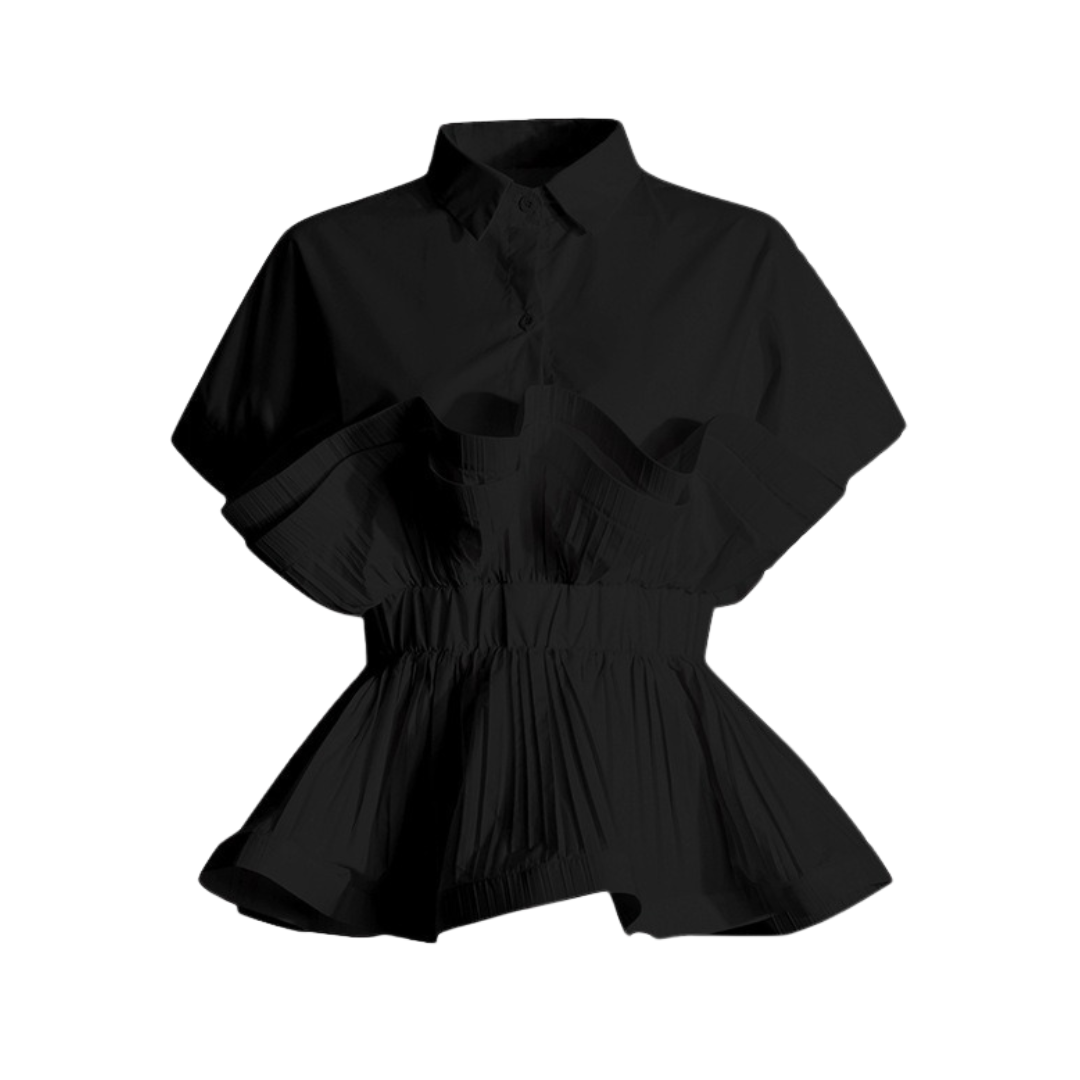 Ruffle Edge Patchwork Waist Cinching Short Sleeved Shirt