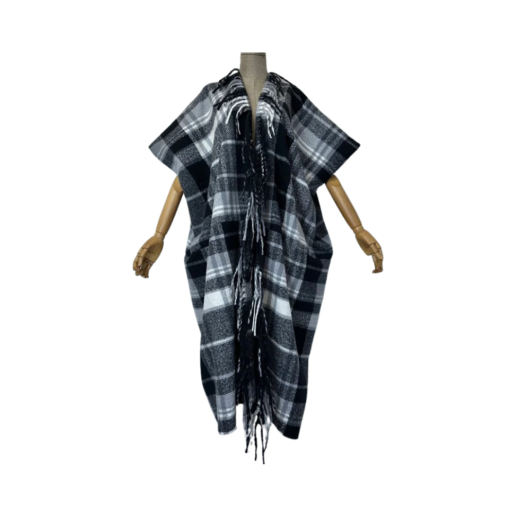 Warm Plaid Corded Tassel Poncho Cardigan  - WINI