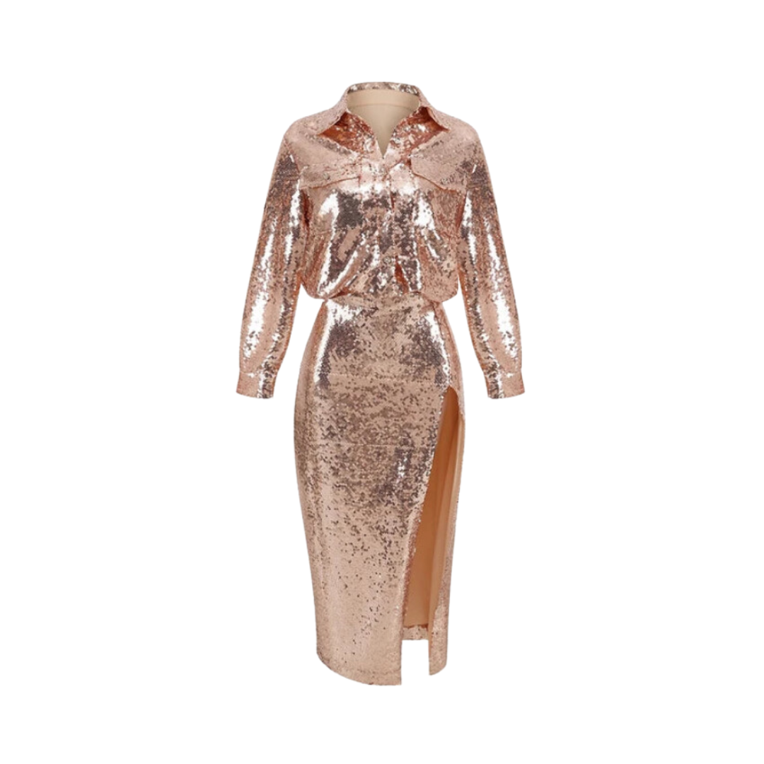 Pre Order:  Sequin Long Sleeved Top + Hip Wrapped Skirt Set