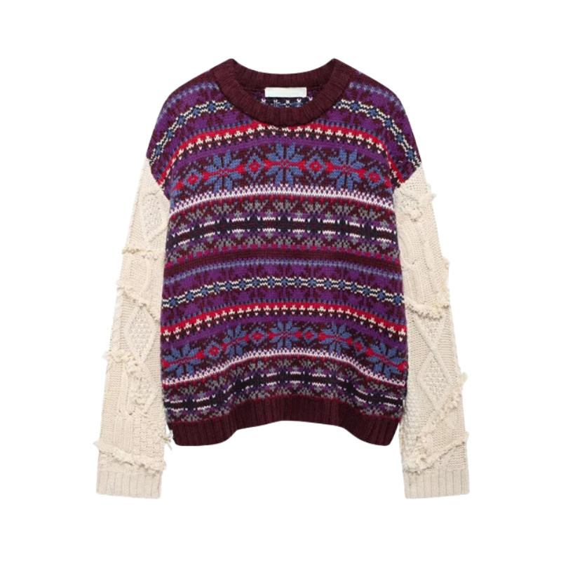 Pre Order: Casual Round Neck Contrasting Knitted Jacquard Sweater