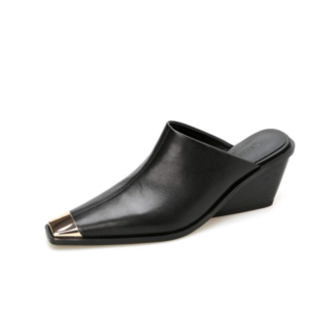 Pre Order:  Metal Toe Wedge Heel Mules