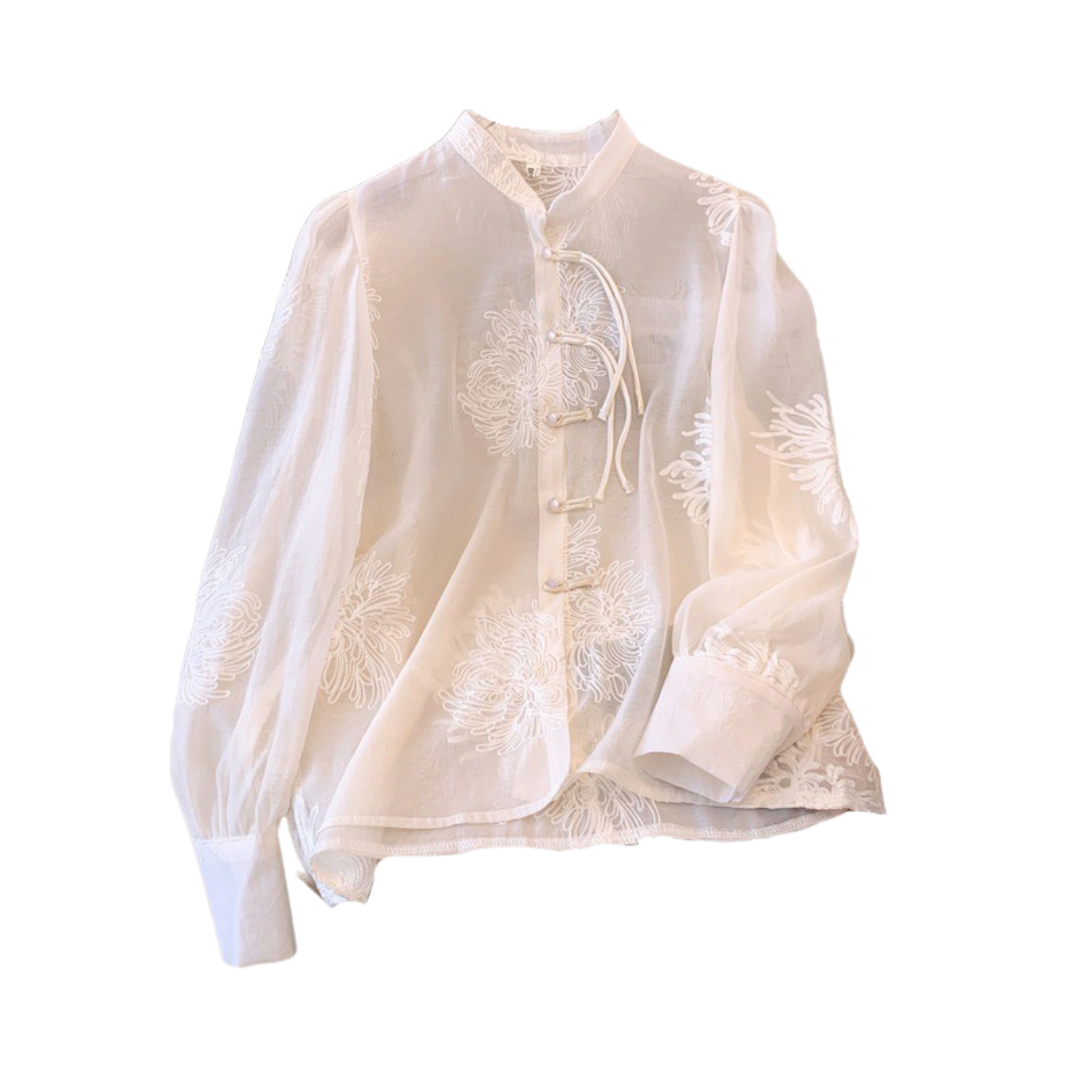 Pre Order:  Casual Solid Embroidered Disc-Button Chiffon Shirt