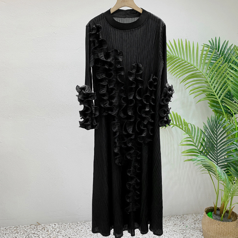 Pre Order: Black Ruffle Edge Pleated Long Sleeve Dress