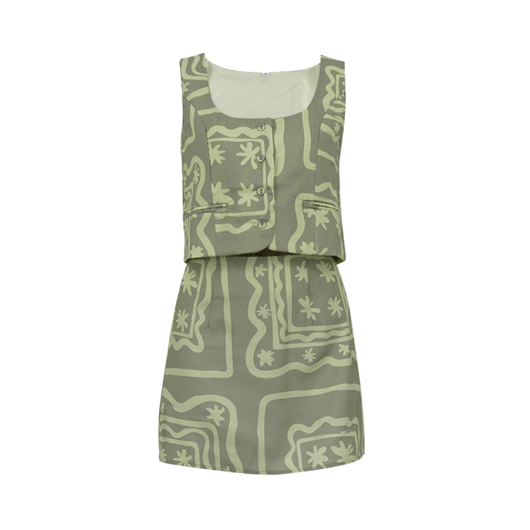 Pre Order:  Casual Print Sleeveless Vest + Mini Skirt