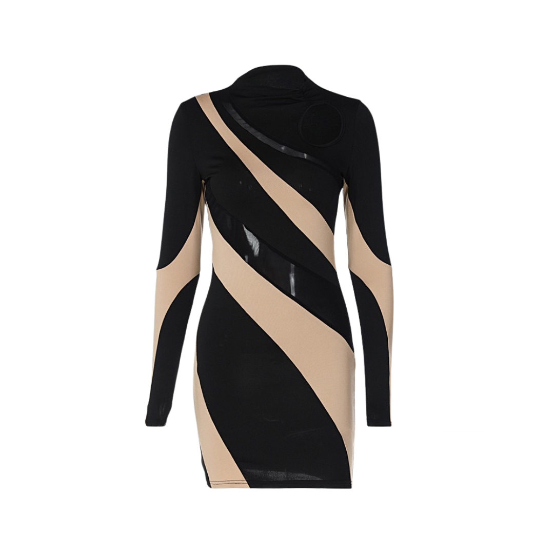 Pre Order:  Round Neck Long Sleeve Mesh Stitching Bodycon Dress