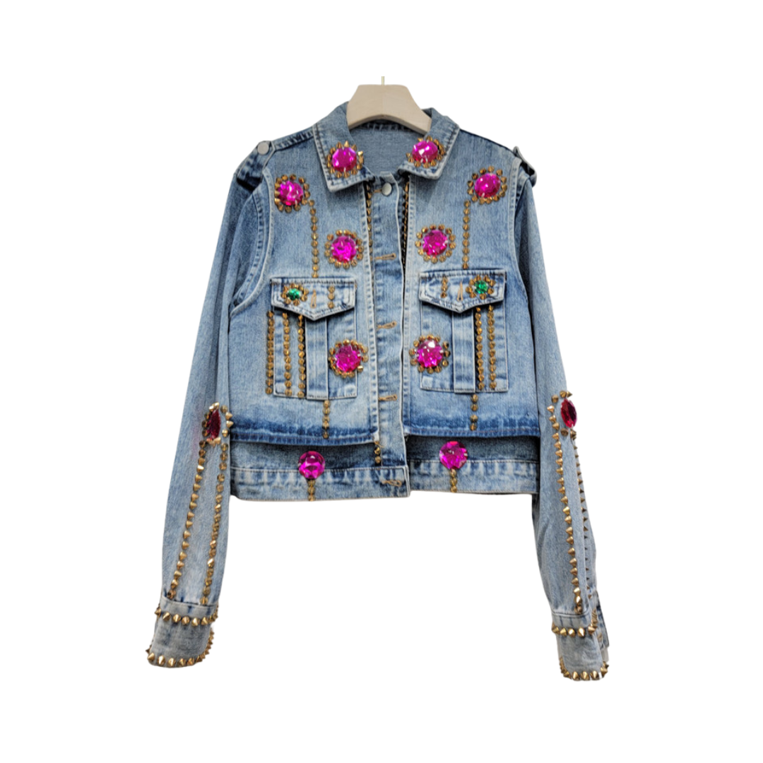 Pre Order:  Handmade Rhinestone Rivet Slim Fit Short Denim Jacket