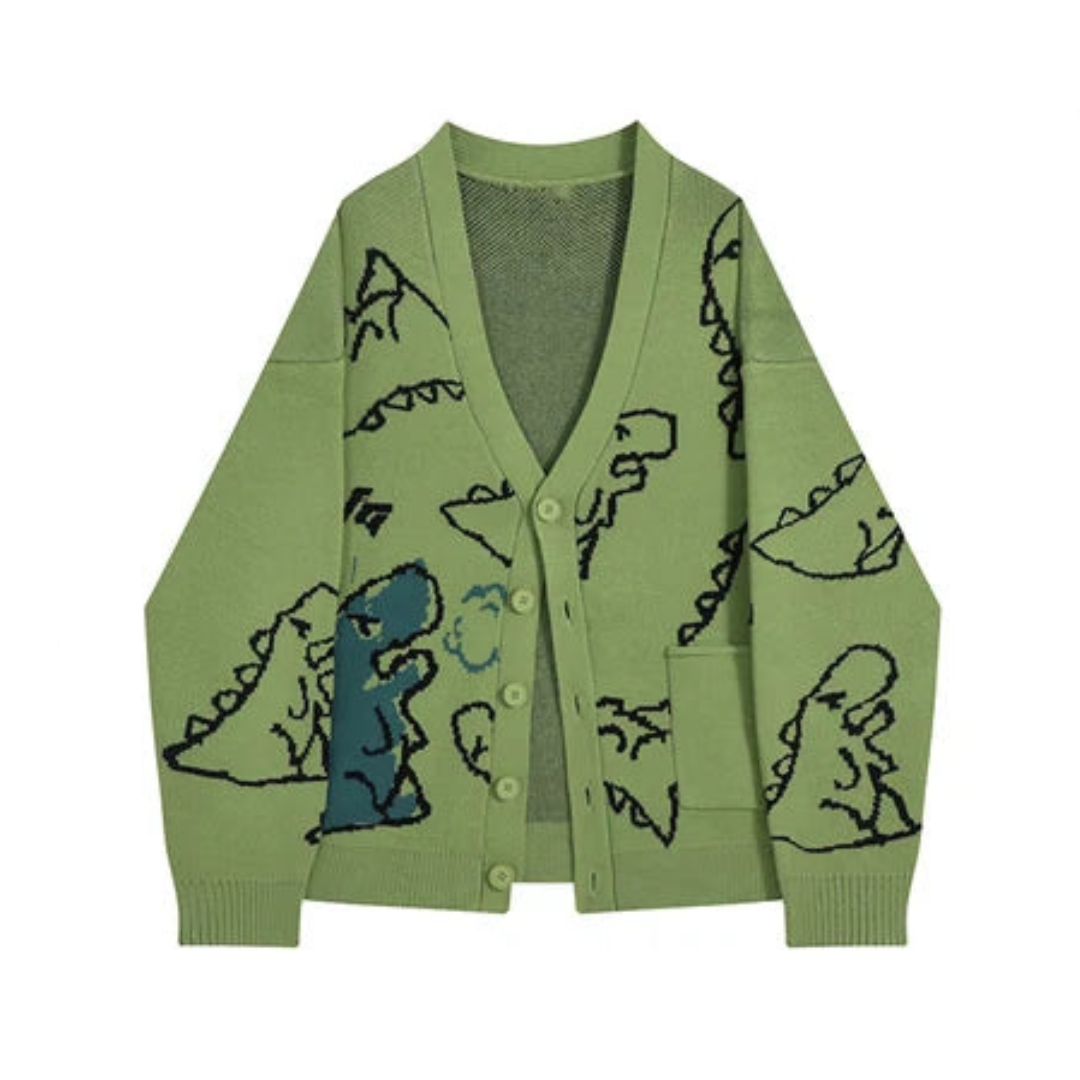 Pre Order:  V-Neck Cartoon Dinosaur Jacquard Loose Knitted Cardigan