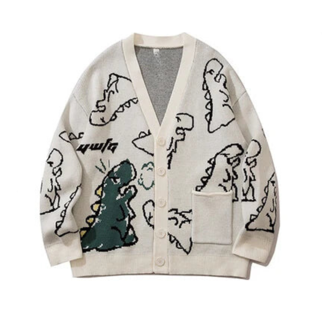 V-Neck Cartoon Dinosaur Jacquard Loose Knitted Cardigan