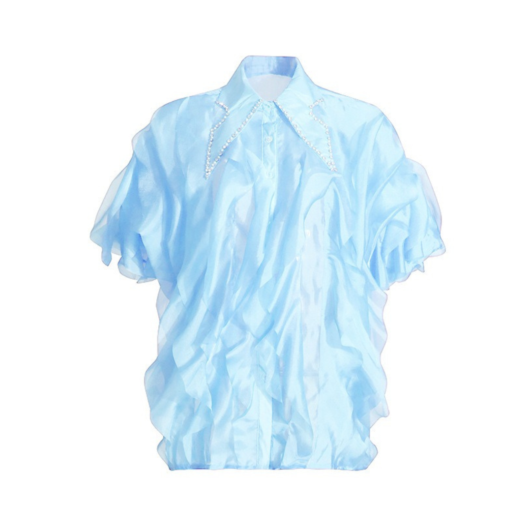 Pre Order:  Layered Ruffle Diamond Lapel Short Sleeve Shirt