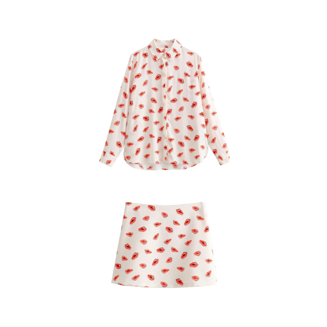 Pre Order:  Casual Lips Print Long Sleeve Shirt + Mini Skirt