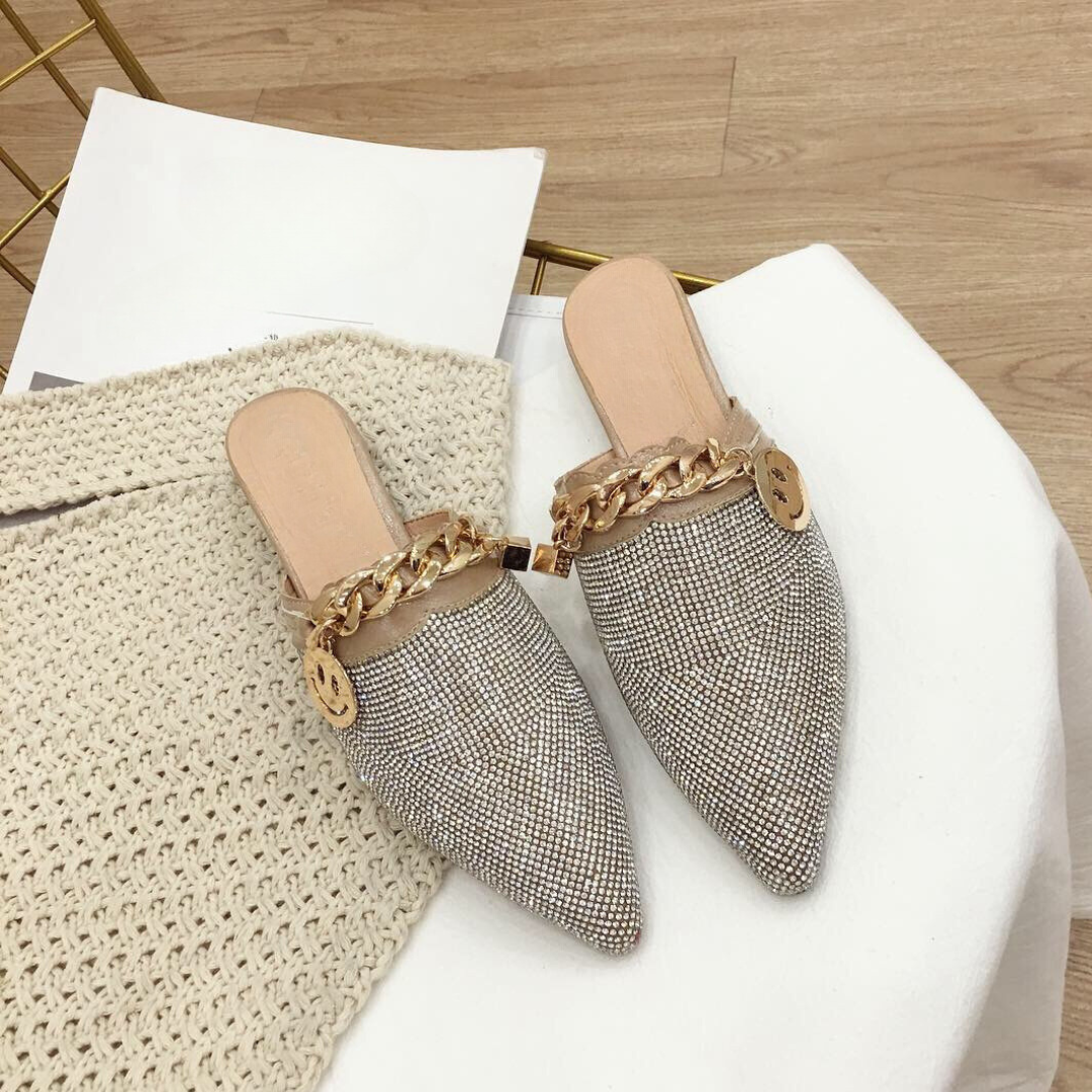 Shiny Rhinestone Flat Heel Mule Sandals