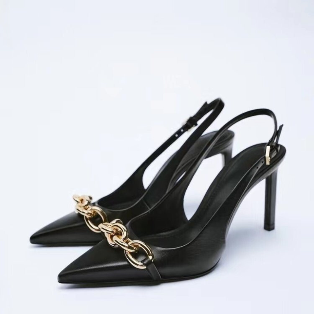 Pre Order:  Casual Chain Pointed Toe Stiletto Mule Pumps