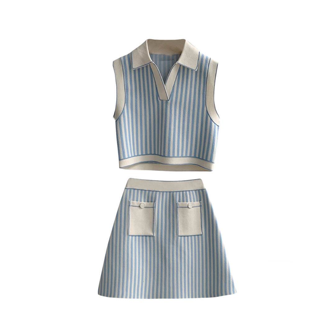 Pre Order:  Striped Short Knitted Vest + A-Line Skirt