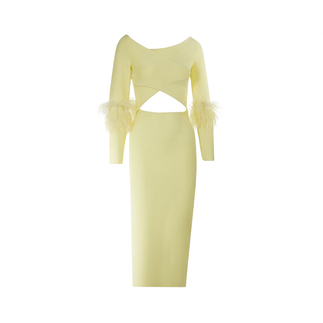 Yellow Long Sleeved Elastic Feather Cuffs Bandage Dress