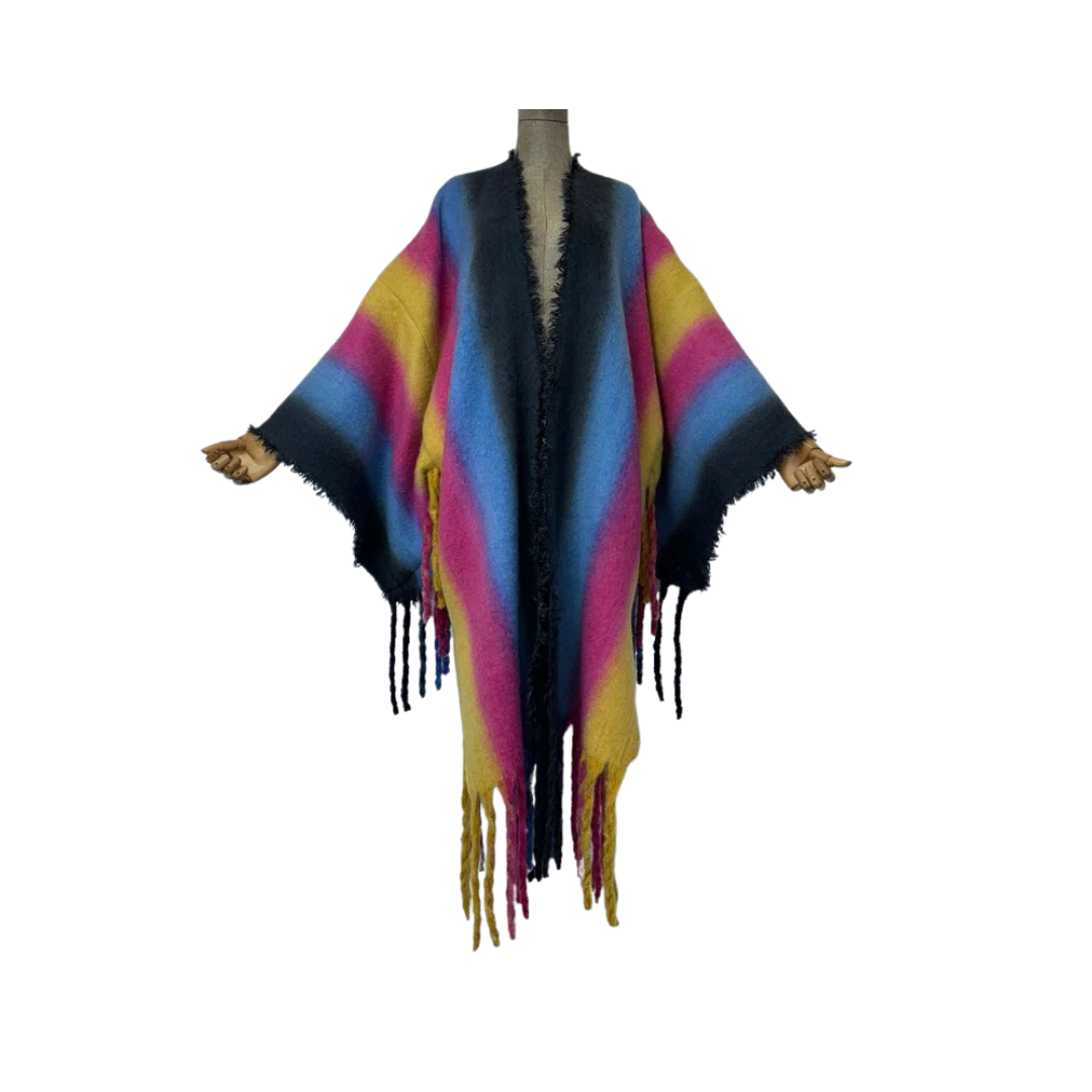 Vibrant Fringed Poncho Cardigan - WINI