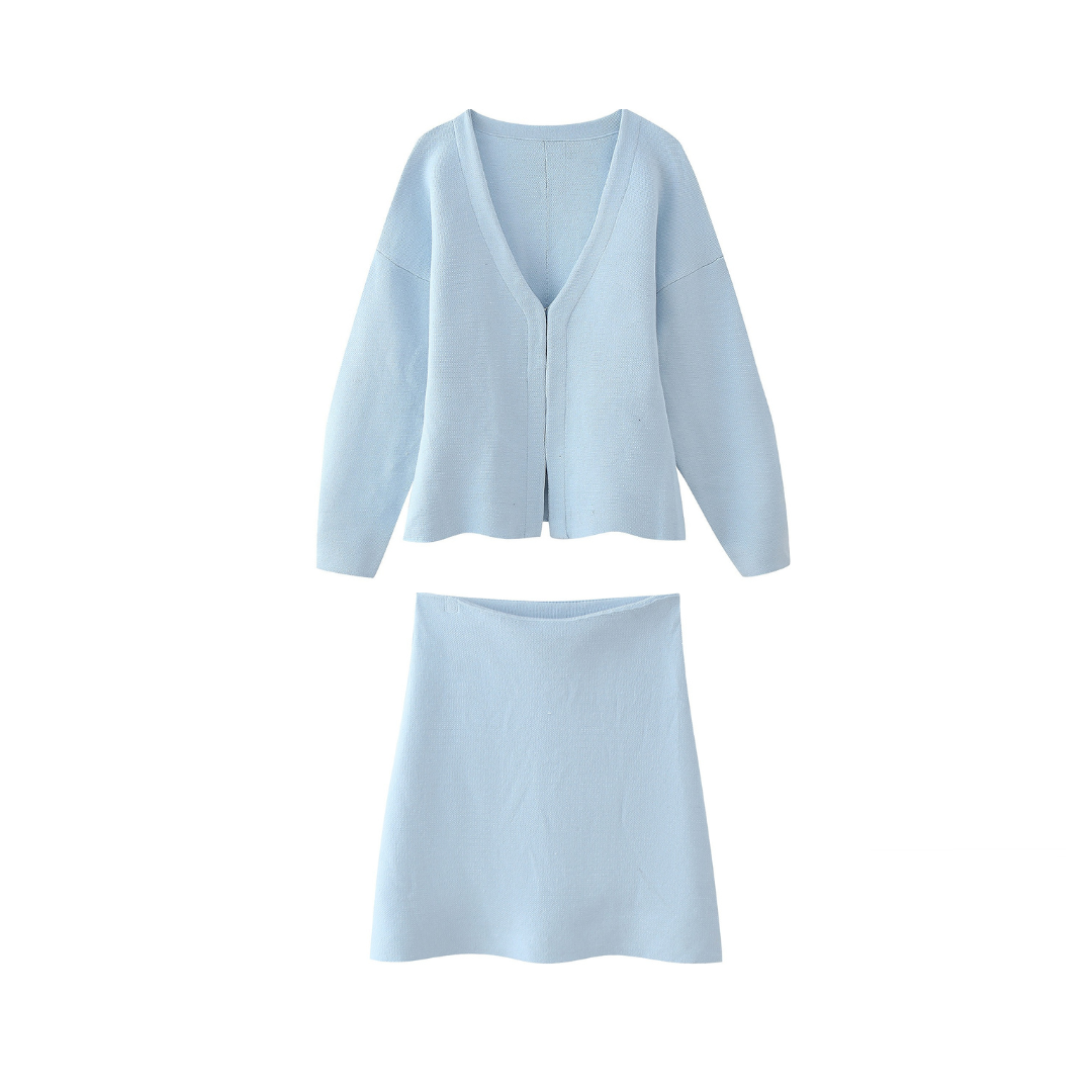 Loose Sleeved Knitted Cardigan + Skirt Set