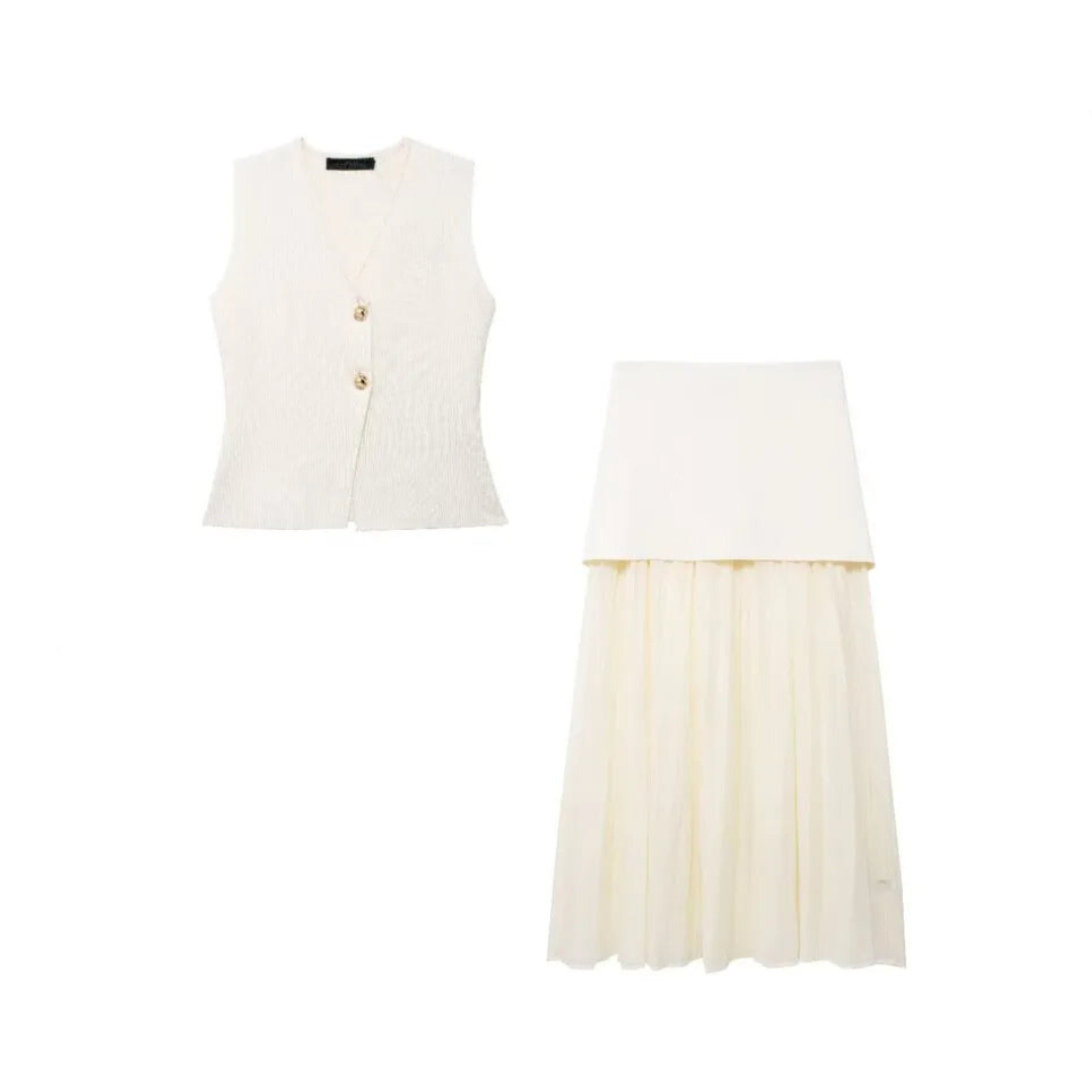 Pre Order:  Gold Button Knitted Vest + Pleated Skirt