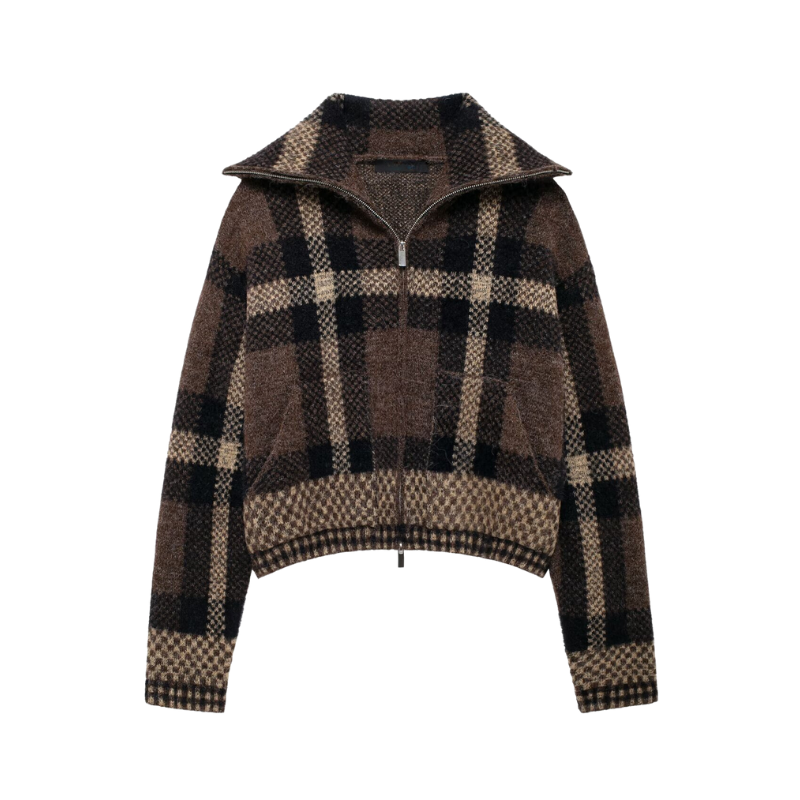 Pre Order: Plaid Long-Sleeve Zip Up Casual Jacket