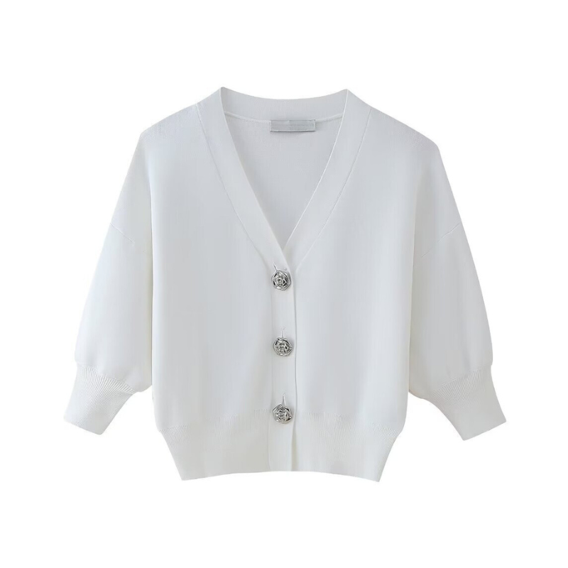 Pre Order: V-Neck Single Breasted White Knitted Cardigan